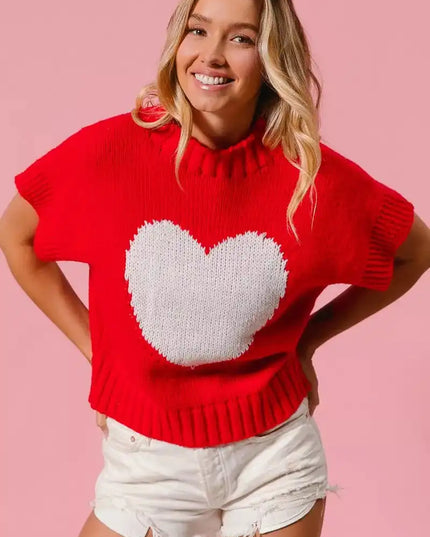 BiBi Rib Banded Heart Pattern Valentines Sweater - Sleekdenim.com