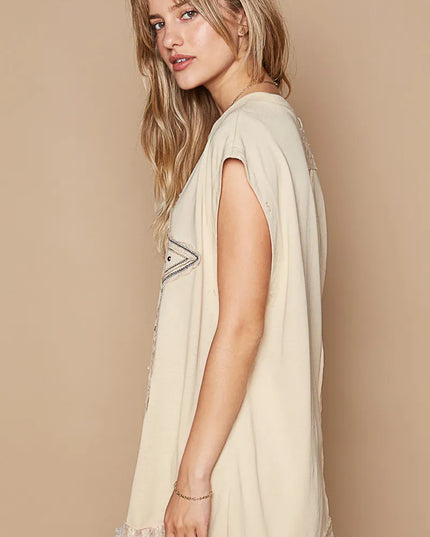 POL Star Patch Studded Sleeveless T-Shirt with Lace Hem - Sleekdenim.com