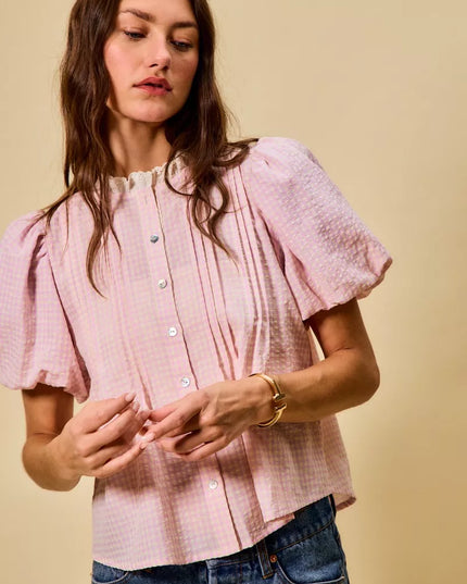 SO ME Gingham Lace Trim Button Bubble Sleeves Blouse - Sleekdenim.com
