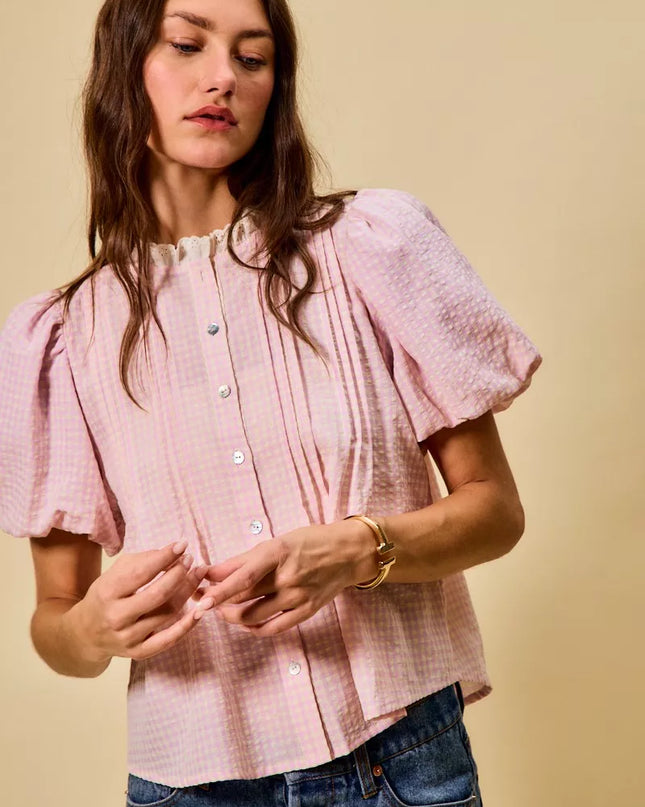 SO ME Gingham Lace Trim Button Bubble Sleeves Blouse - Sleekdenim.com