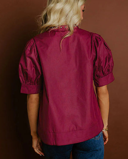 Burgundy Rivet Embellished V Neck Short Puff Sleeve Blouse - Sleekdenim.com