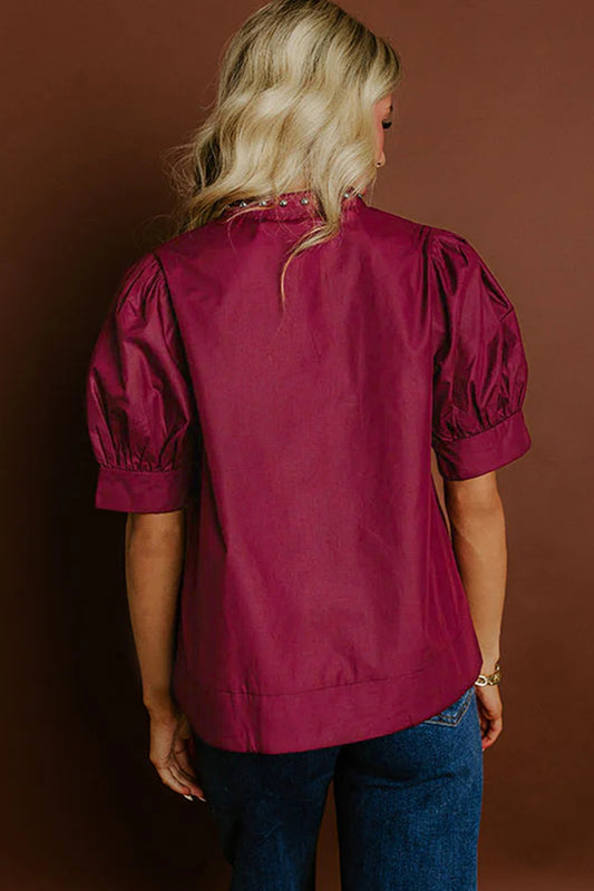 Burgundy Rivet Embellished V Neck Short Puff Sleeve Blouse - Sleekdenim.com