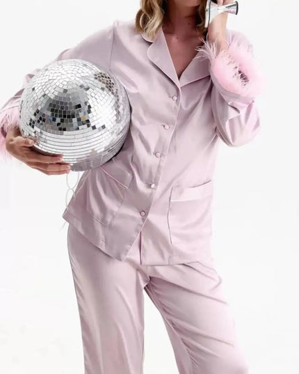 Silky Button Up Top and Pants Lounge Set - Sleekdenim.com