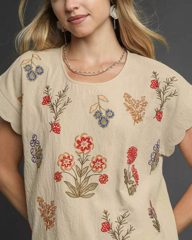 Umgee Embroidered Scallop Sleeve Top with Drawstring Hem - Sleekdenim.com