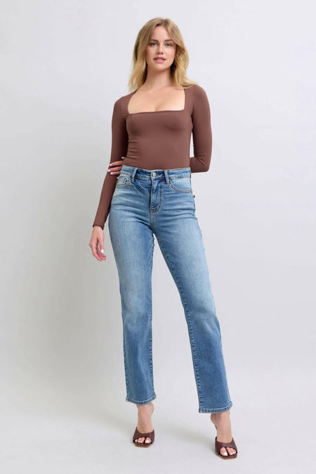 Judy Blue The Aspen High Rise Medium Wash Shearling Cuff Straight Leg Jeans | Sleek Denim Boutique | Sleekdenim.com