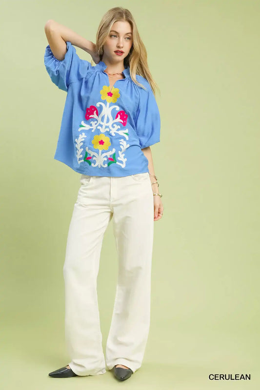 Umgee Embroidered Boho Puff Sleeve Blouse - Sleekdenim.com