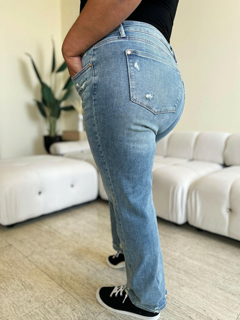 Judy Blue Full Size Mid Rise Distressed Straight Jeans | Sleekdenim.com