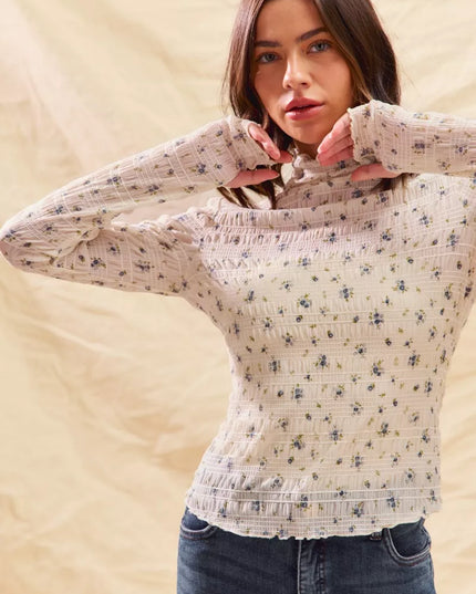 SO ME Floral Print Textured Long Sleeve Knit Top - Sleekdenim.com