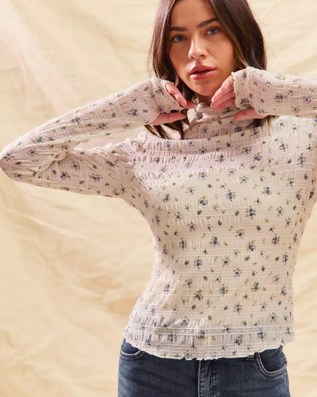 SO ME Floral Print Textured Long Sleeve Knit Top - Sleekdenim.com
