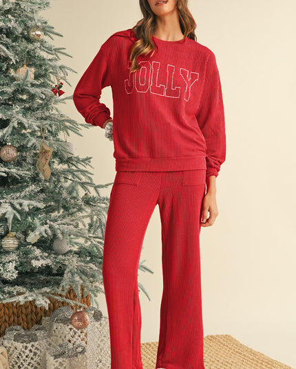 Fiery Red Crinkle Rib JOLLY Pattern Long Sleeve Top and Pockets Pants Set