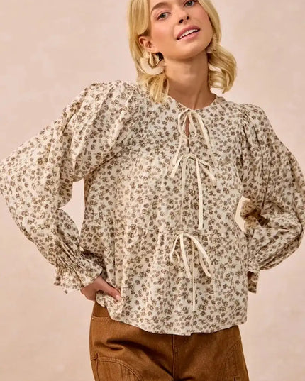 BiBi Floral Printed Peplum Blouse with Shirring and Tied - Sleekdenim.com