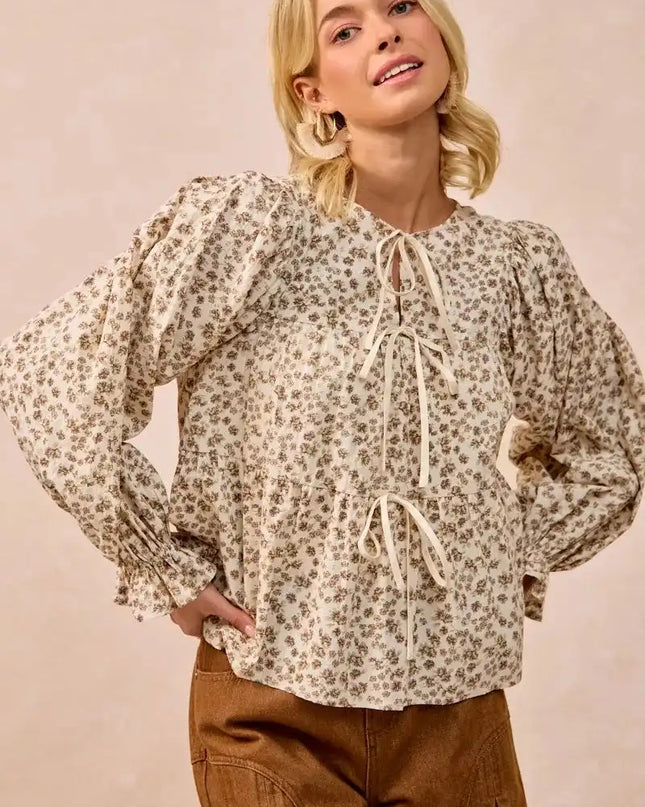 BiBi Floral Printed Peplum Blouse with Shirring and Tied - Sleekdenim.com