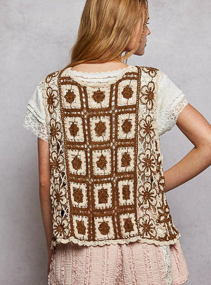 POL Tie Front Floral Pattern Crochet Vest with Scalloped Edge - 4