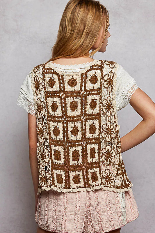 POL Tie Front Floral Pattern Crochet Vest with Scalloped Edge