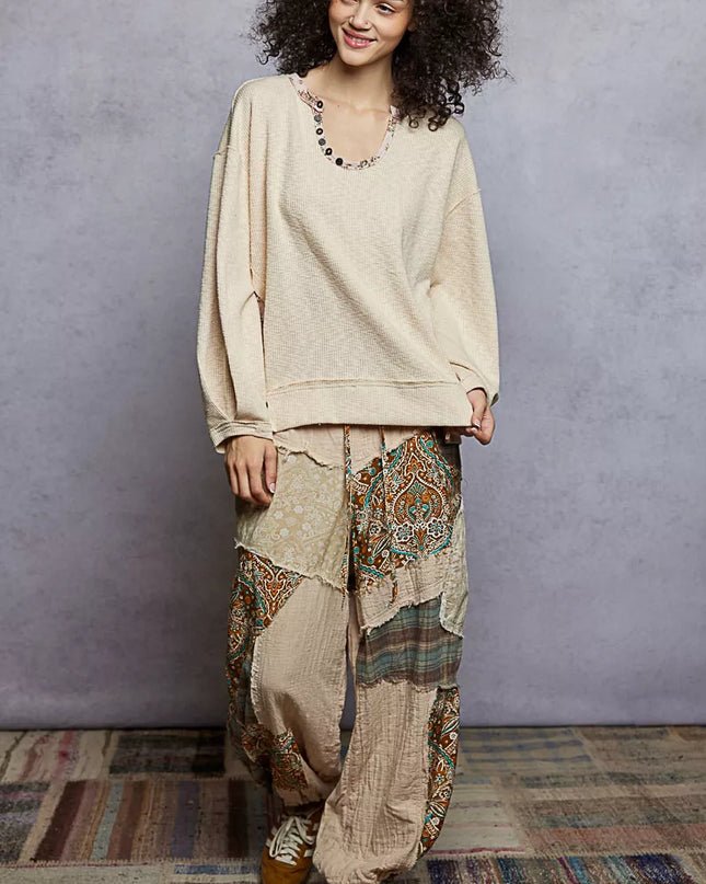 POL Balloon Sleeve Oversized Ribbed Top with Floral Pattern Contrast - Sleekdenim.com
