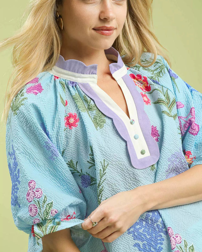 Umgee Floral Puff Sleeve Blouse with Scallop Trim Collar - Sleekdenim.com