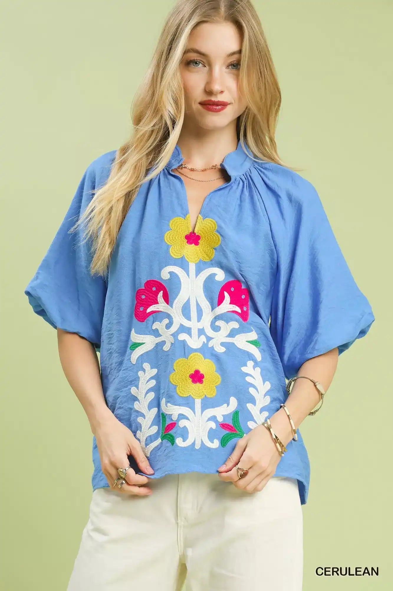 Umgee Embroidered Boho Puff Sleeve Blouse - Sleekdenim.com