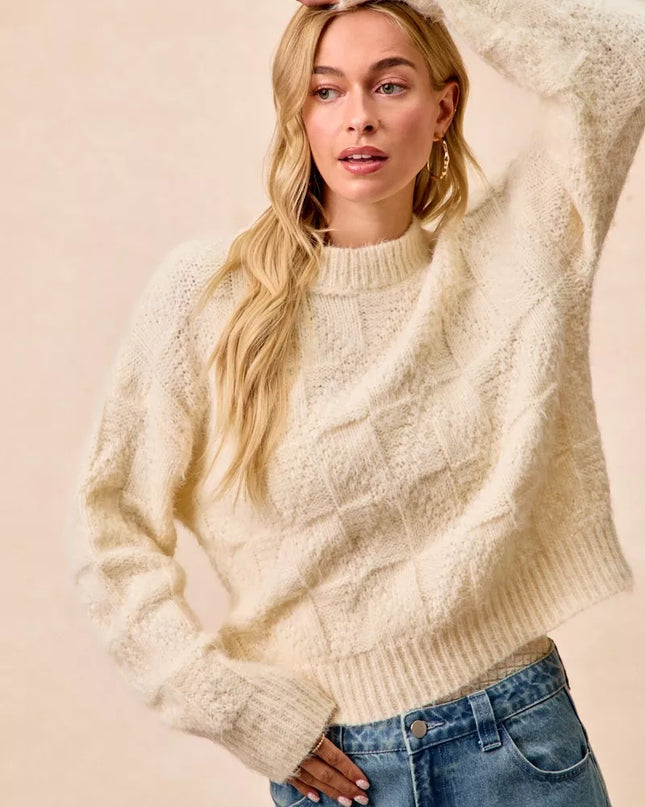 BiBi Checker Board Drop Shoulder Sweater - Sleekdenim.com