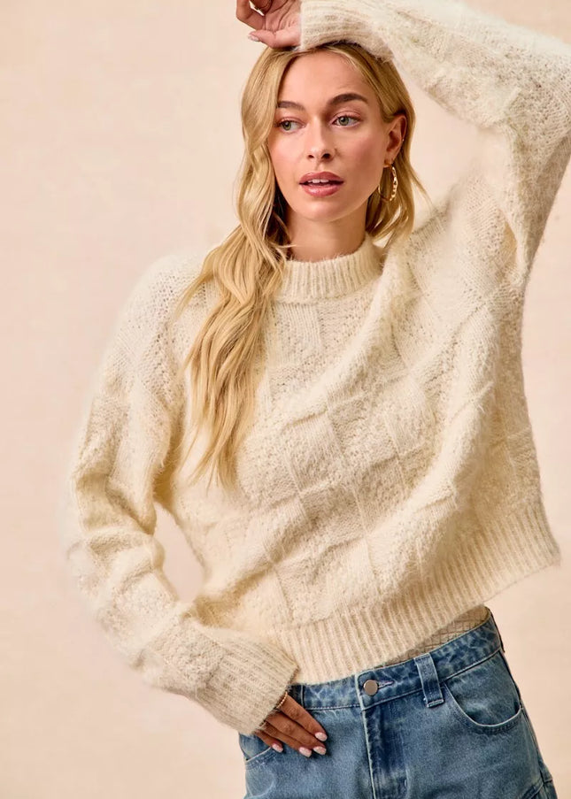 BiBi Checker Board Drop Shoulder Sweater - Sleekdenim.com