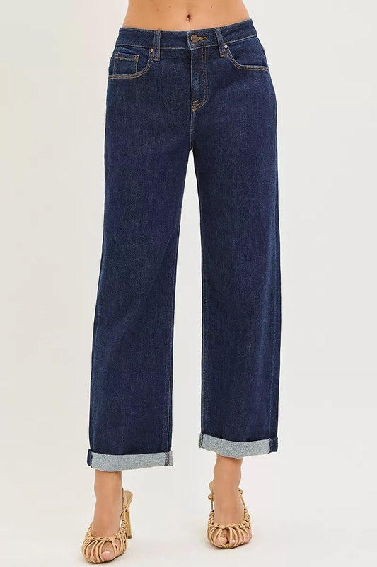 RISEN Slouchy Cropped Mid Rise Boyfriend Jeans With Cuffed Hem in Dark Wash PGC21564