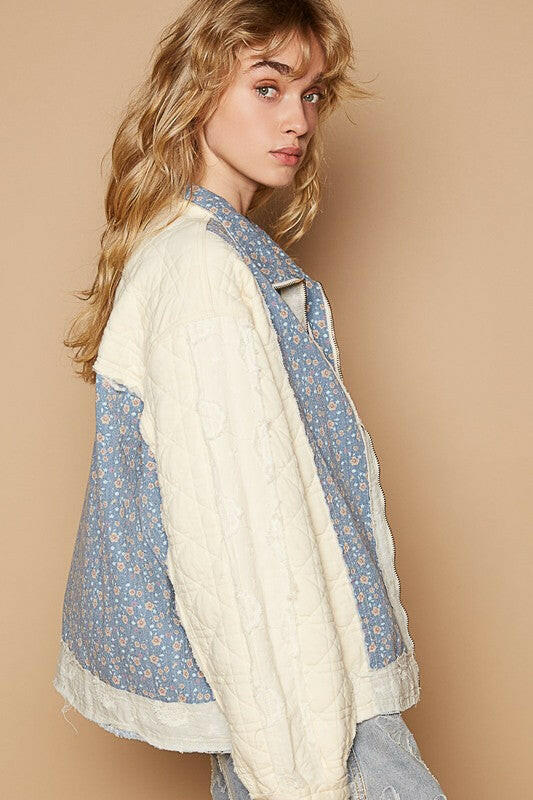 POL Floral Patchwork Zip Up Long Sleeve Jacket | Sleekdenim.com