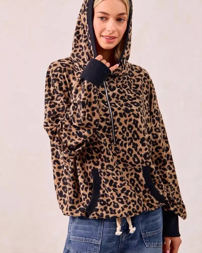 BiBi Leopard Print Waffle Half Zip Up Hoodie W Pocket - Sleekdenim.com