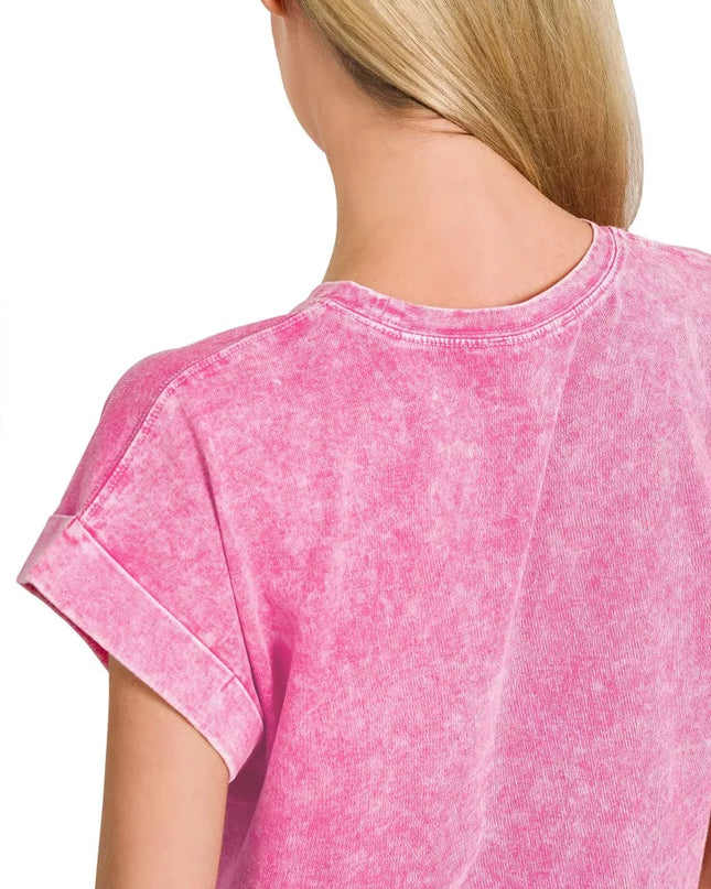 Zenana Halo Washed Cotton Cuffed Short Sleeve Top - Sleekdenim.com