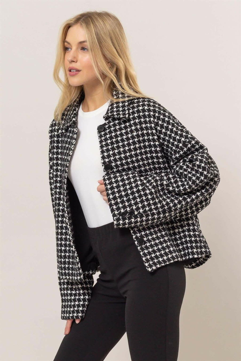 HYFVE Tweed Plaid Button Up Collared Neck Jacket | Sleekdenim.com