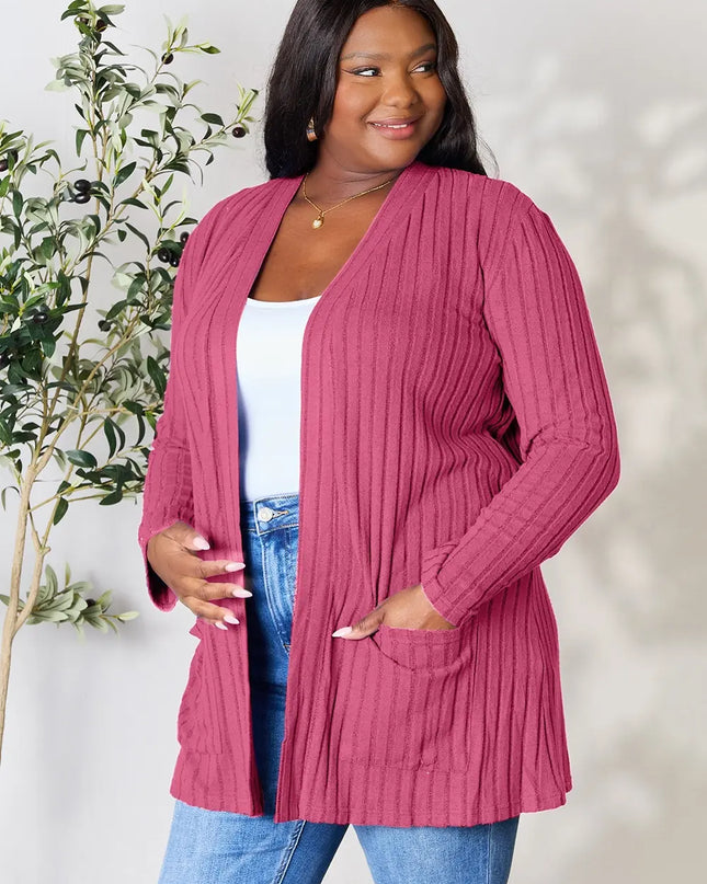 Basic Bae Full Size Ribbed Open Front Cardigan with Pockets - Sleekdenim.com