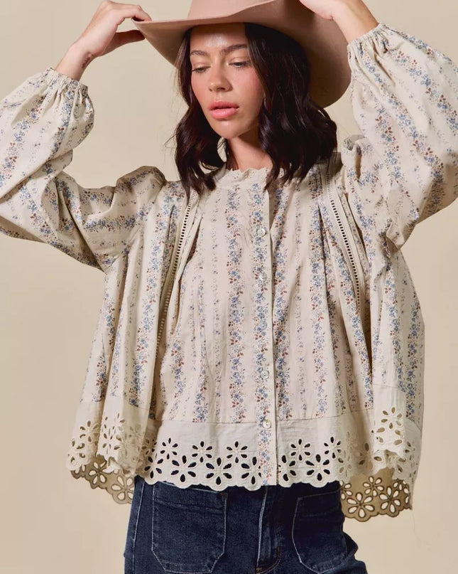 SO ME Floral Print Lace Button Down Shirt - Sleekdenim.com
