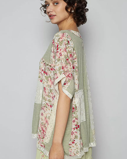 POL Lace Round Neck Short Sleeve Floral Pattern Top with Patch Detail - Sleekdenim.com