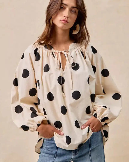 BiBi Polka Dot Exaggerated Balloon Sleeves Blouse - Sleekdenim.com
