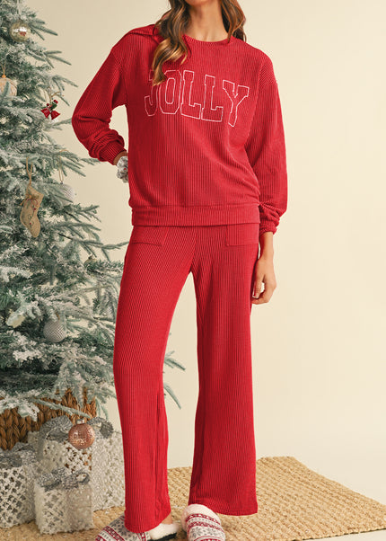 Fiery Red Crinkle Rib JOLLY Pattern Long Sleeve Top and Pockets Pants Set - Sleekdenim.com