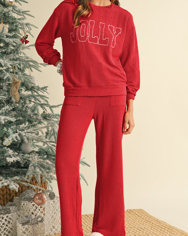 Fiery Red Crinkle Rib JOLLY Pattern Long Sleeve Top and Pockets Pants Set - Sleekdenim.com