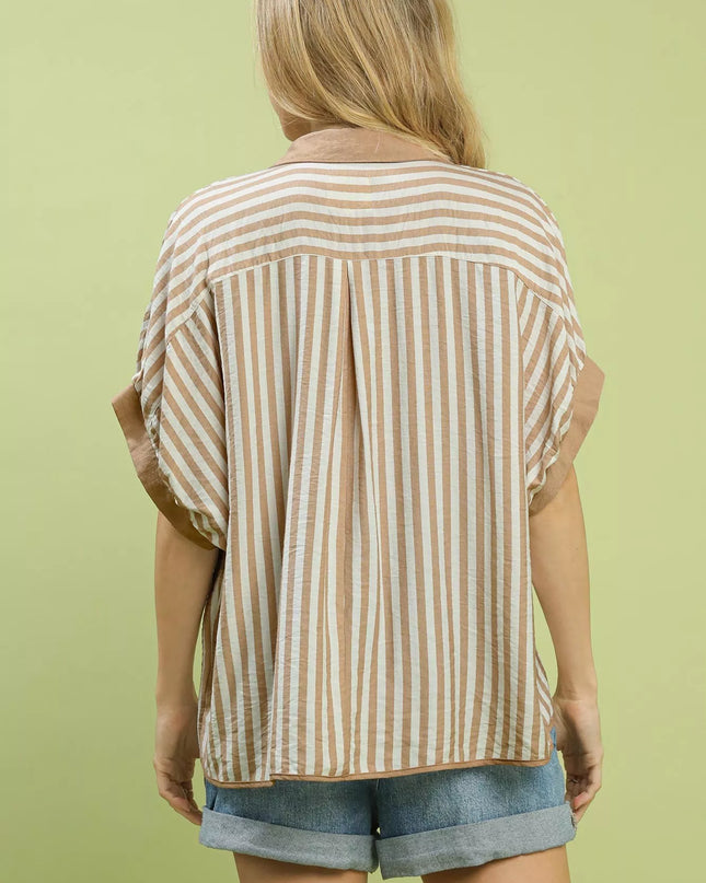 Umgee Stripe Collared Oversized Top - Sleekdenim.com