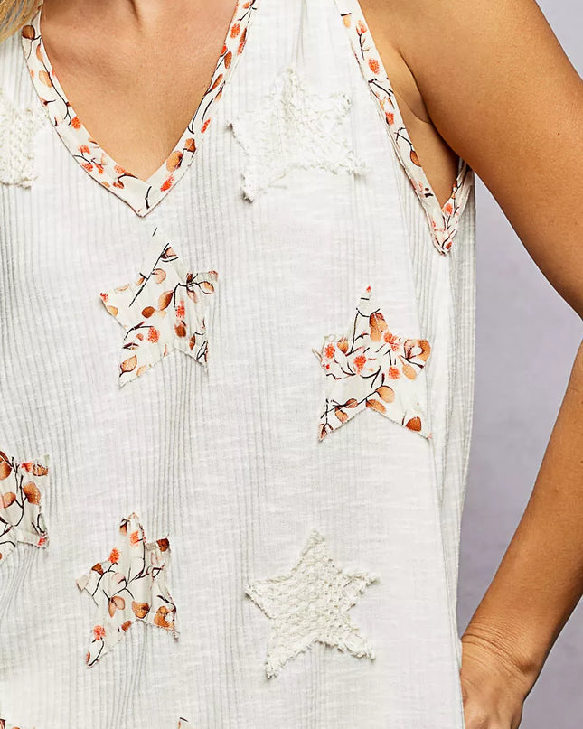 POL Floral Print Star Patch V-Neck Ribbed Tank - Sleekdenim.com
