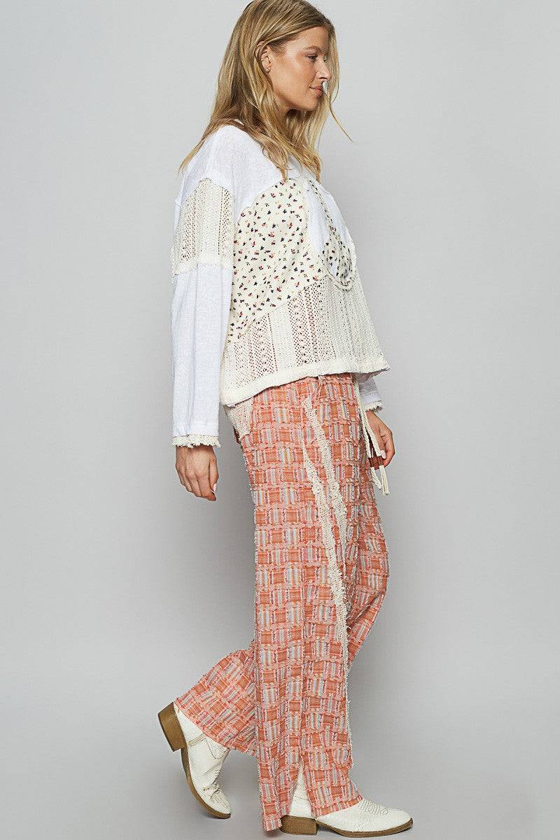 POL Lace Trim Drawstring Checkered Wide Leg Pants | Sleekdenim.com