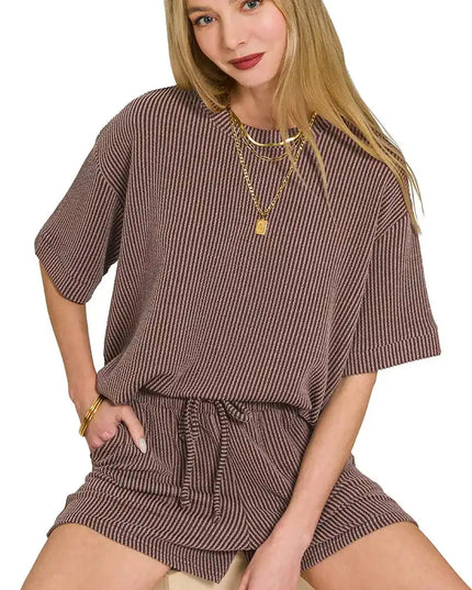 Zenana Raised Rib Short Sleeve Tee and Drawstring Shorts Set - Sleekdenim.com