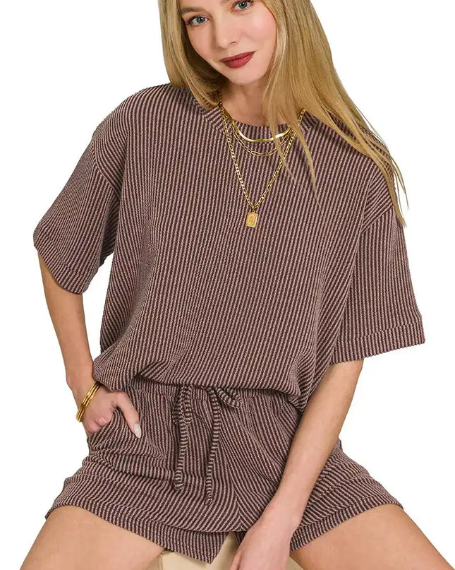 Zenana Raised Rib Short Sleeve Tee and Drawstring Shorts Set - Sleekdenim.com