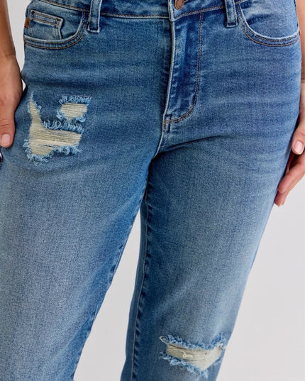 Judy Blue Full Size Mid Rise Bf Patch & Repair Destroy Release Hem Jeans Plus Size - Sleekdenim.com