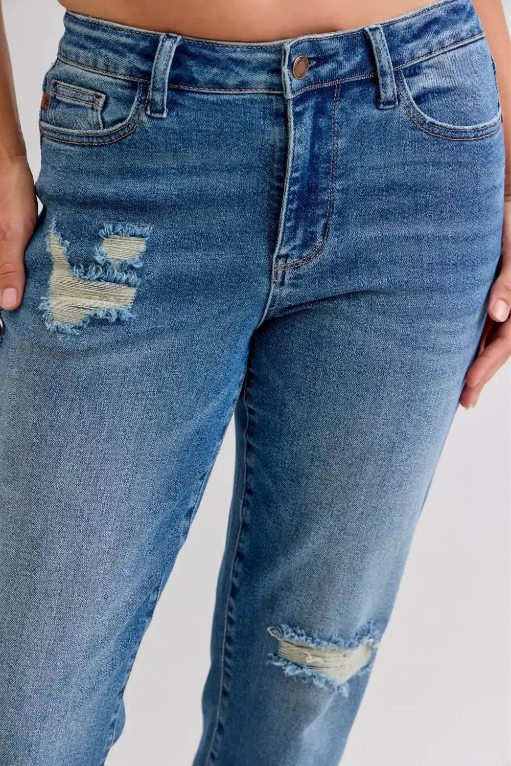 Judy Blue Mid Rise Boyfriend Patch & Repair Destroy Release Hem Jeans 881045 - Sleekdenim.com