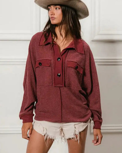 BiBi Cp French Terry Cut Edge Detail Collared Top - Sleekdenim.com