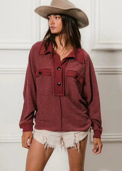 BiBi Cp French Terry Cut Edge Detail Collared Top - Sleekdenim.com
