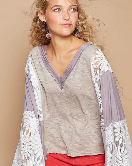 POL Lace Detail V-Neck Flare Sleeve Blouse - Sleekdenim.com