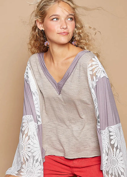 POL Lace Detail V-Neck Flare Sleeve Blouse - Sleekdenim.com