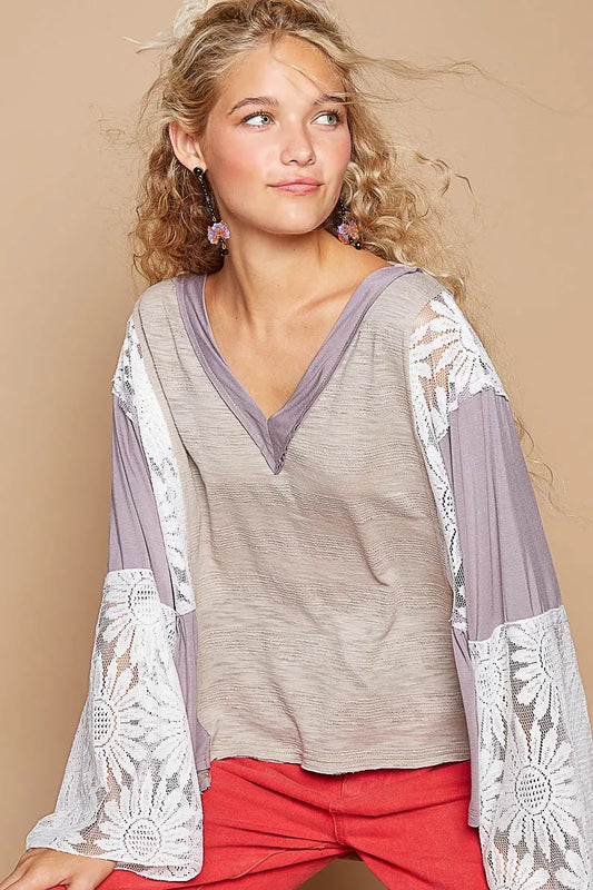 POL Lace Detail V-Neck Flare Sleeve Blouse - Sleekdenim.com