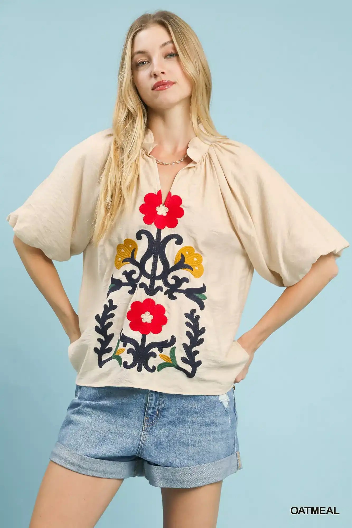 Umgee Embroidered Boho Puff Sleeve Blouse - Sleekdenim.com