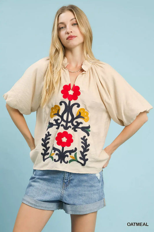Umgee Embroidered Boho Puff Sleeve Blouse - Sleekdenim.com