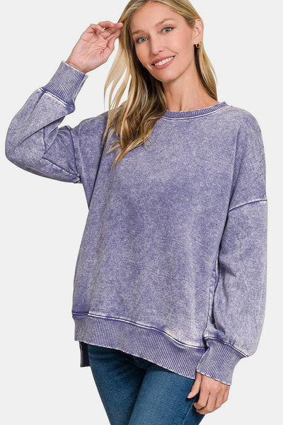 Zenana High-Low Acid Wash Fleece Sweatshirt - Sleekdenim.com