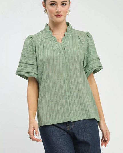 Umgee Seersucker Bubble Sleeve V-Neck Blouse - Sleekdenim.com